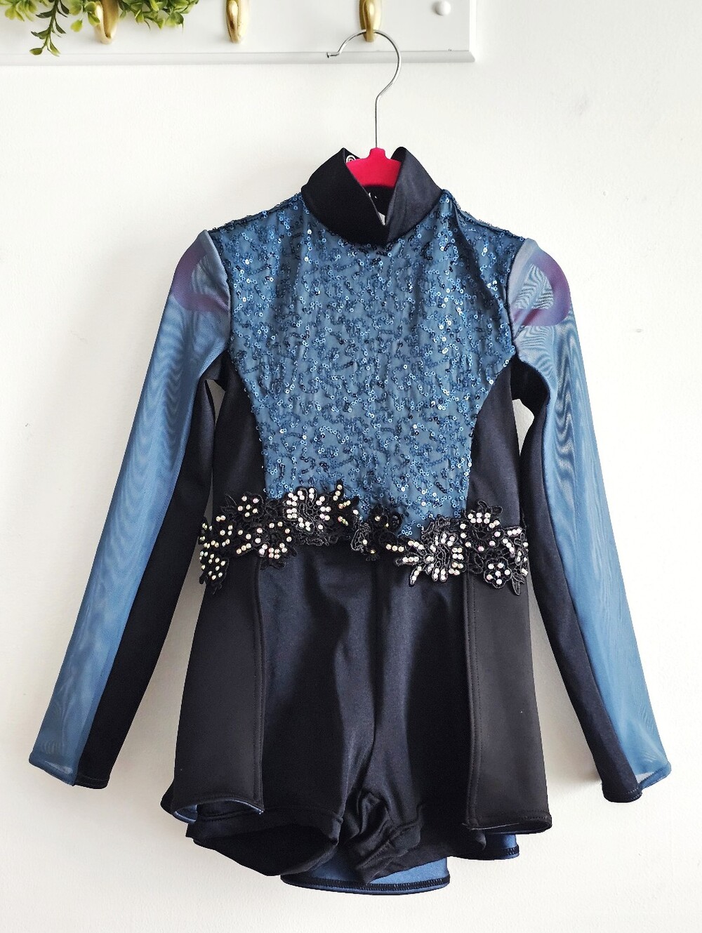 Weissman Girls XSC Blue Black Sequin Dance Costume Long Sleeve Skirted Leotard
